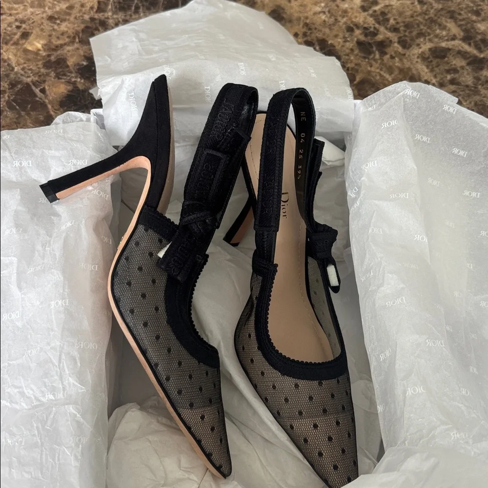 Dior j’adior christian Dior black plumetis mesh pump classic logo strap sz 39.5